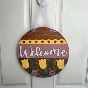 Handmade Laser Cut Spring Welcome Sign, Tulip Front Door Hanger, Wooden Round